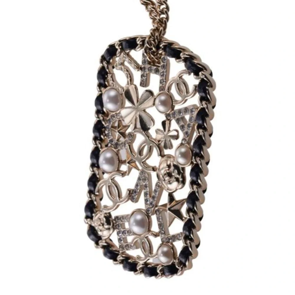 CHANEL Pendant Necklace Clover Lambskin Leather Chain Logo Crystal Mosaic Pearl
